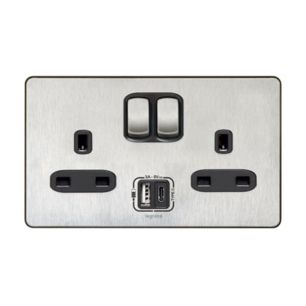 832079Legrandسينرجي سليك مقبس ثنائي بمفتاح 13 أمبير وشواحن USB فولاذ مقاوم للصدأ