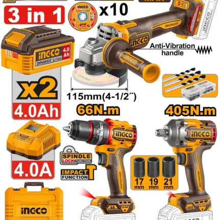 CKLI20358INGCOمجموعة أدوات INGCO 20V اللاسلكية 3 قطع CKLI20358
