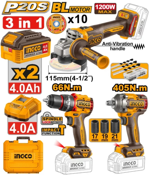 CKLI20358INGCOمجموعة أدوات INGCO 20V اللاسلكية 3 قطع CKLI20358