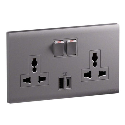 MEC33082SLLegrandمقبس أوبريا ثنائي 16A متعدد المعايير مع USB Type A+C 15W فضي داكن