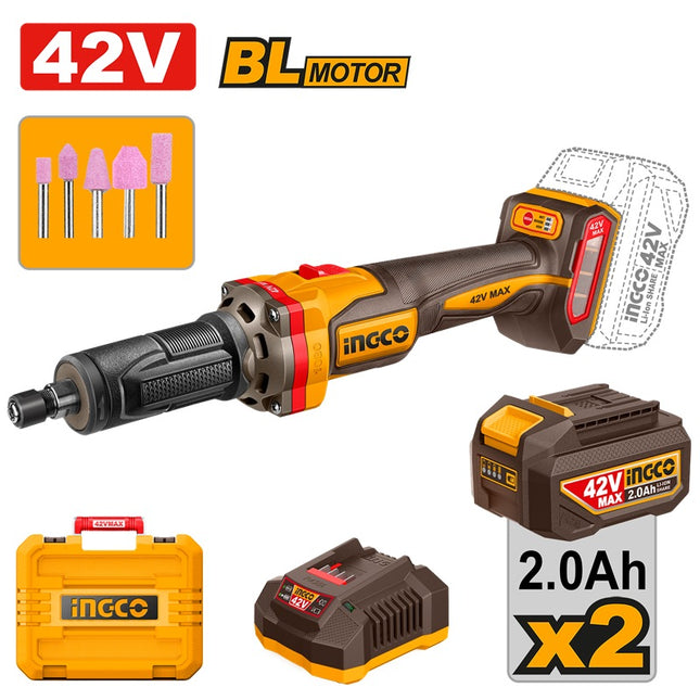 CDGLI42012INGCOمجلخة موت لاسلكية INGCO 42V بدون فرش 1/4 بوصة 2X2.0AH