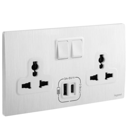 281123BALegrandملليا سينسز منفذ مقبس متعدد المعايير بمنفذي شحن USB من نوع A و C