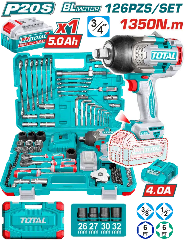 THKTHP31262Total Toolsمجموعة مفك التأثير 20V 1350NM من توتال 126 قطعة أدوات متكاملة