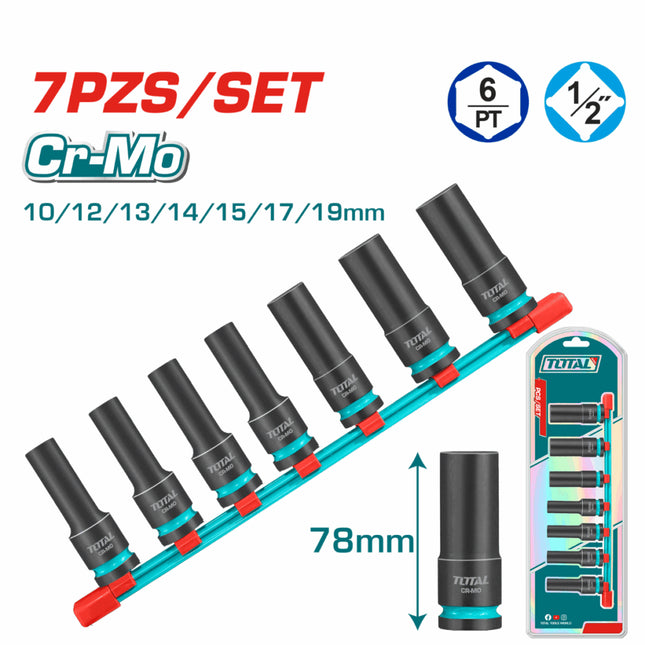 THKISD12073LTotal Toolsمجموعة مقابس التأثير 7 قطع TOTAL 1/2 بوصة 10-19 ملم CR-MO