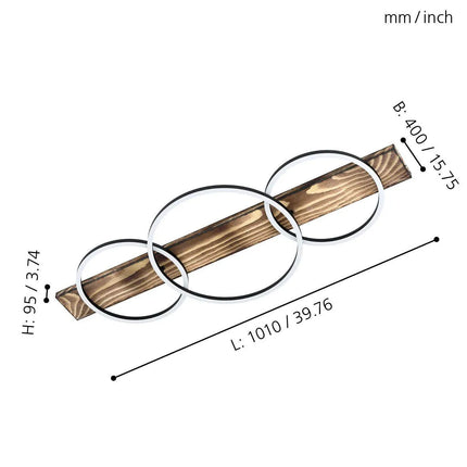 مصباح سقف EGLO Boyal LED 99413 بهيكل من الفولاذ الأسود والخشب البني الريفي، إضاءة بيضاء دافئة