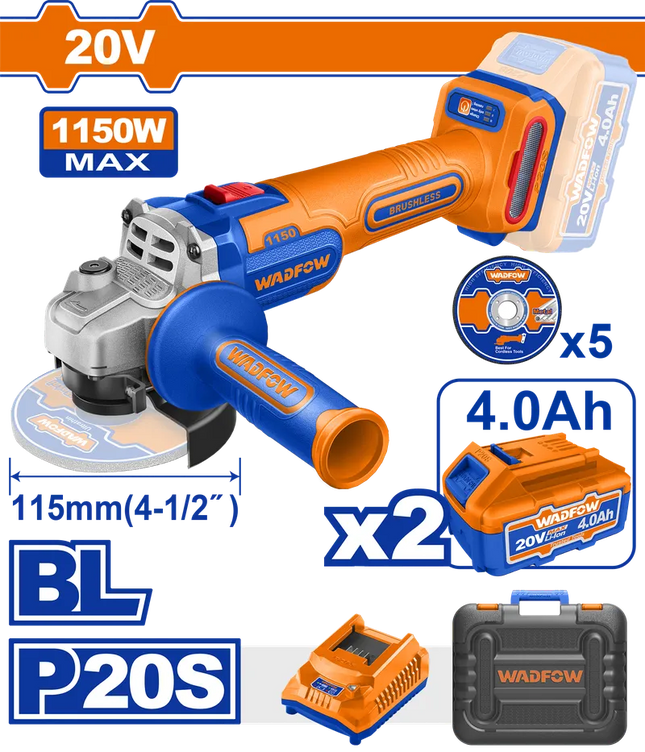 Cordless Angle Grinder 20V 115mm Wadfow WLAPB522