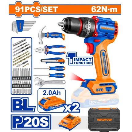 دريل شحن 20 فولت 13 ملم طوبة حديد 2 بطارية + عدة 91 قطعة وادفو | WDT1B91