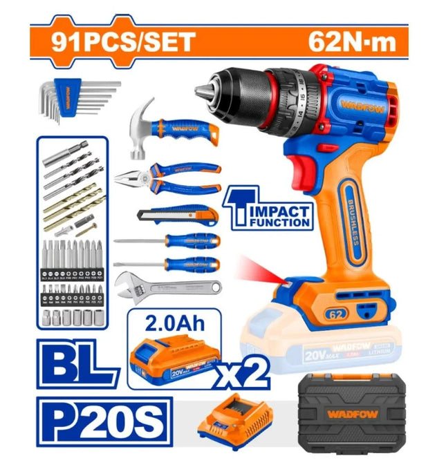 WADFOW 91-Piece Tool Set with Cordless Drill Two 2Ah Batteries | WDT1B91