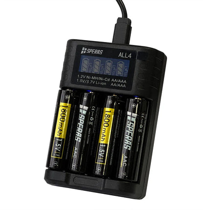 شاحن ذكي لبطاريات AA و AAA ليثيوم NiMH NiCd مع شاشة LCD سبيراس | ALL4