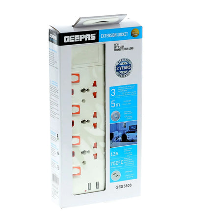 Geepas 3-Way Extension Socket with USB Port | GES5803 , 6294015505702