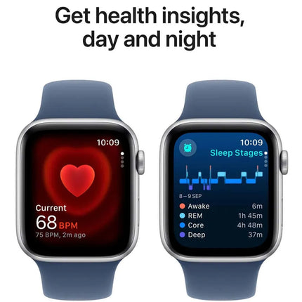 ساعة أبل ووتش SE الجيل الثاني GPS مقاس 44 ملم هيكل من الألمنيوم باللون الفضي مع سوار Denim الرياضي