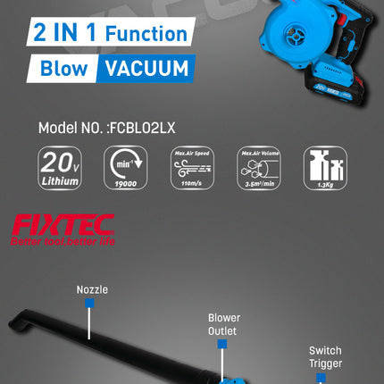 FCBL02LXFixtecمكنسة كهربائية بدون سلك 20V من FIXTEC بتقنية الليثيوم أيون FCBL02LX