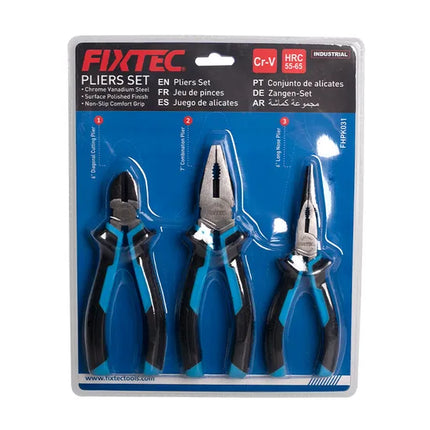FHPK031Fixtecمجموعة كماشات فيكستك المعزولة ثلاثية الأجزاء - كماشة تجميع وطويلة الأنف وقاطعة قطرية