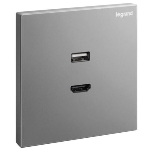 282448-C3Legrandمقبس جاليون أحادي HDMI مع مقبس بيانات USB من النوع A فضي داكن