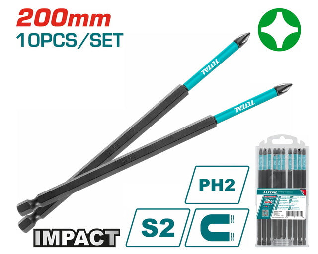 TACIM16PH285Total Toolsمجموعة بتات مفك براغي التأثير TOTAL PH2 200 ملم 10 قطع