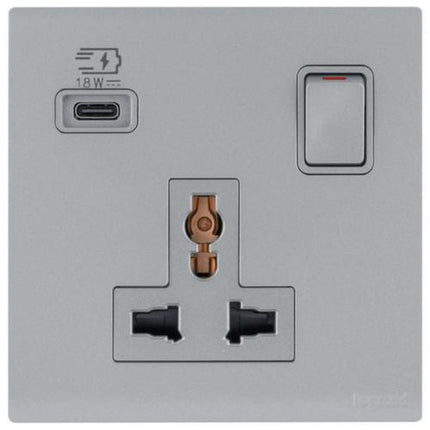 MEC33083SLLegrandمقبس أوبريا أحادي 16A متعدد المعايير مع فتحة USB من النوع C 18W فضي داكن
