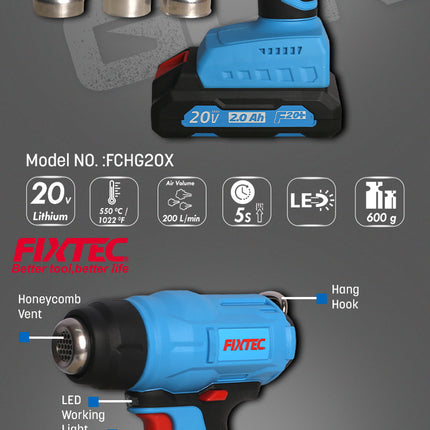 FCHG20XFixtecمسدس حراري بدون سلك FIXTEC 20V مع ضوء LED FCHG20X