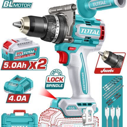 TIDLI201668Total Toolsمثقاب التأثير اللاسلكي TOTAL بدون فرش 20V 166Nm مع بطاريتين 5.0Ah