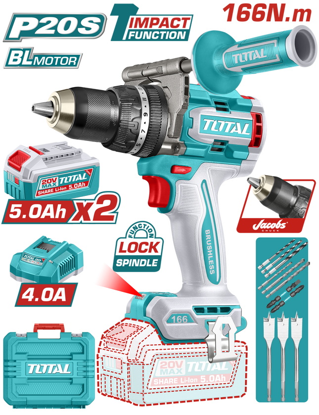 TIDLI201668Total Toolsمثقاب التأثير اللاسلكي TOTAL بدون فرش 20V 166Nm مع بطاريتين 5.0Ah