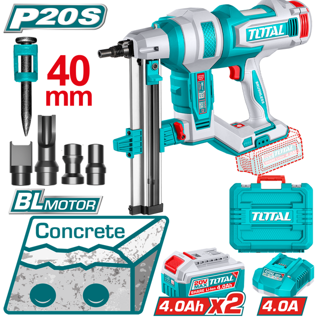 TCNLI9008Total Toolsمسمار خرسانة لاسلكي TOTAL فرشاة 20V مع بطاريات