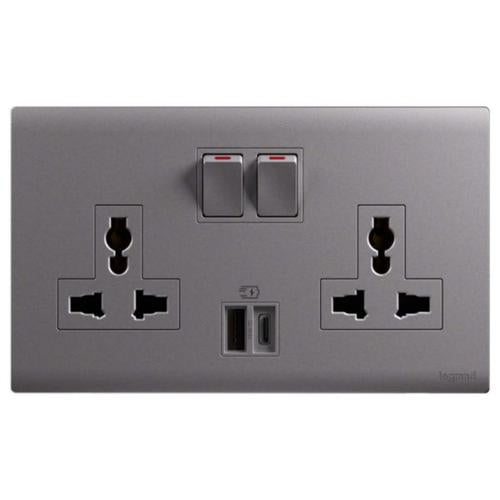 MEC33082SLLegrandمقبس أوبريا ثنائي 16A متعدد المعايير مع USB Type A+C 15W فضي داكن