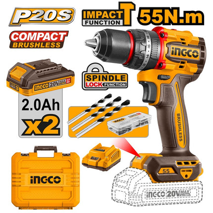 CIDLI20558INGCOم钻تأثير بدون فرش INGCO 20V بيون 55Nm مع بطاريتين 2.0Ah