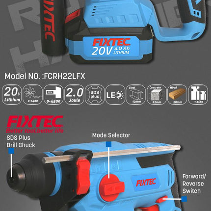 FCRH22LFXFixtecمثقاب دوار فرشاة FIXTEC 22 مم بدون سلك مع تقنية SDS-Plus