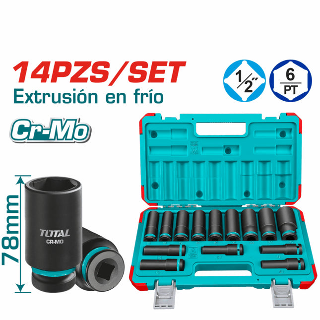 THKISD12143LTotal Toolsمجموعة مقابس التأثير TOTAL 14 قطعة 1/2 بوصة 10-27 ملم CR-MO