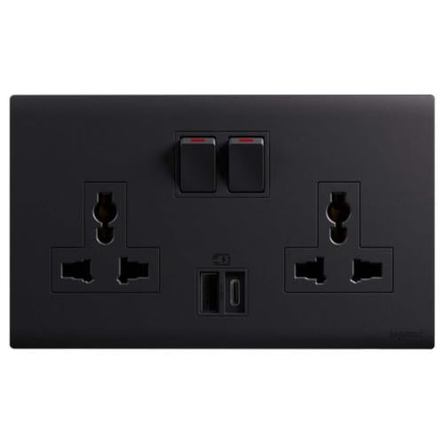 MEC33082BLLegrandمقبس أوبريا ثنائي المجموعة 16A متعدد المعايير مع USB من النوع A+C 15W أسود مات