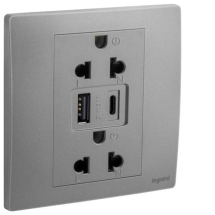 281204DSLegrandمأخذ كهربائي مالليا سينسز بفتحة واحدة يورو/أمريكي 16A شاحن USB فضي داكن