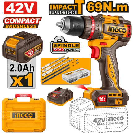 CIDLI426981INGCOمثقاب تأثير INGCO 42V 69Nm بدون فرش مع بطارية