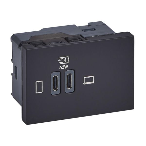 077675LLegrandشاحن موزاييك USB 3 وحدات 63W نوع C توصيل الطاقة أسود