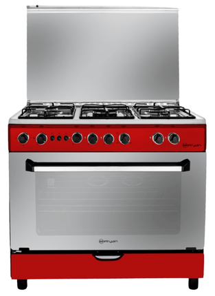 GC9060F5RElryanGC9060F5R - 5 Burners - Gas Cooker - Stainless Steel & Red