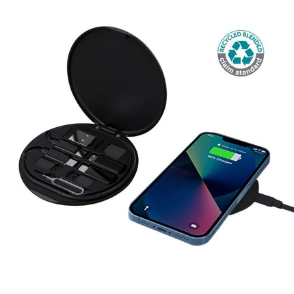 ITWC 1169Toolmart GiftsOSLO - @memorii Recycled 15W Wireless Charger Multi - Cable Set - Black