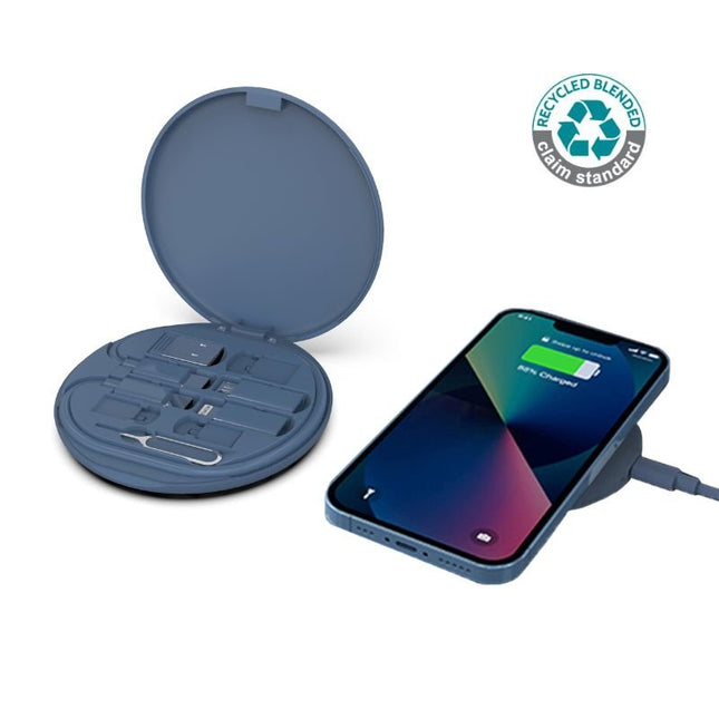 ITWC 1171Toolmart GiftsOSLO - @memorii Recycled 15W Wireless Charger Multi - Cable Set - Blue